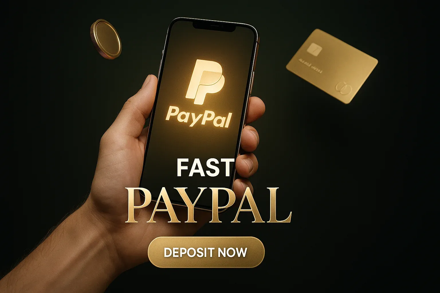 Photorealistic casino banner with smartphone, gold glow, floating coins and CTA