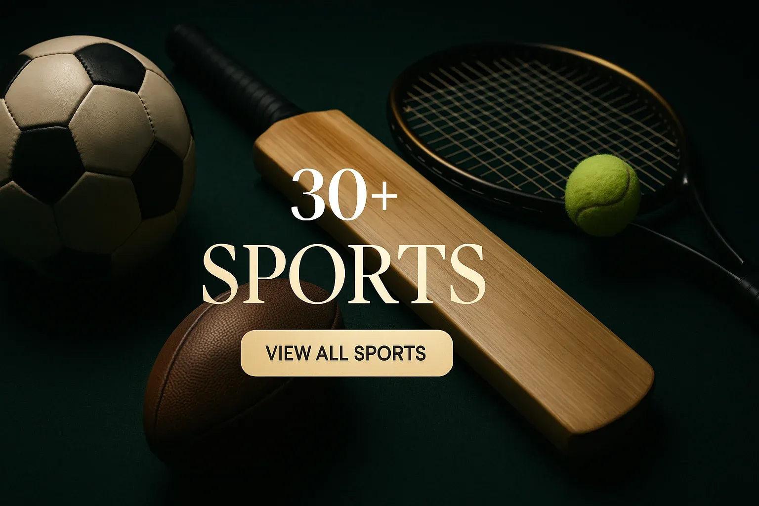 Photorealistic British sports betting banner with football, cricket, tennis and rugby