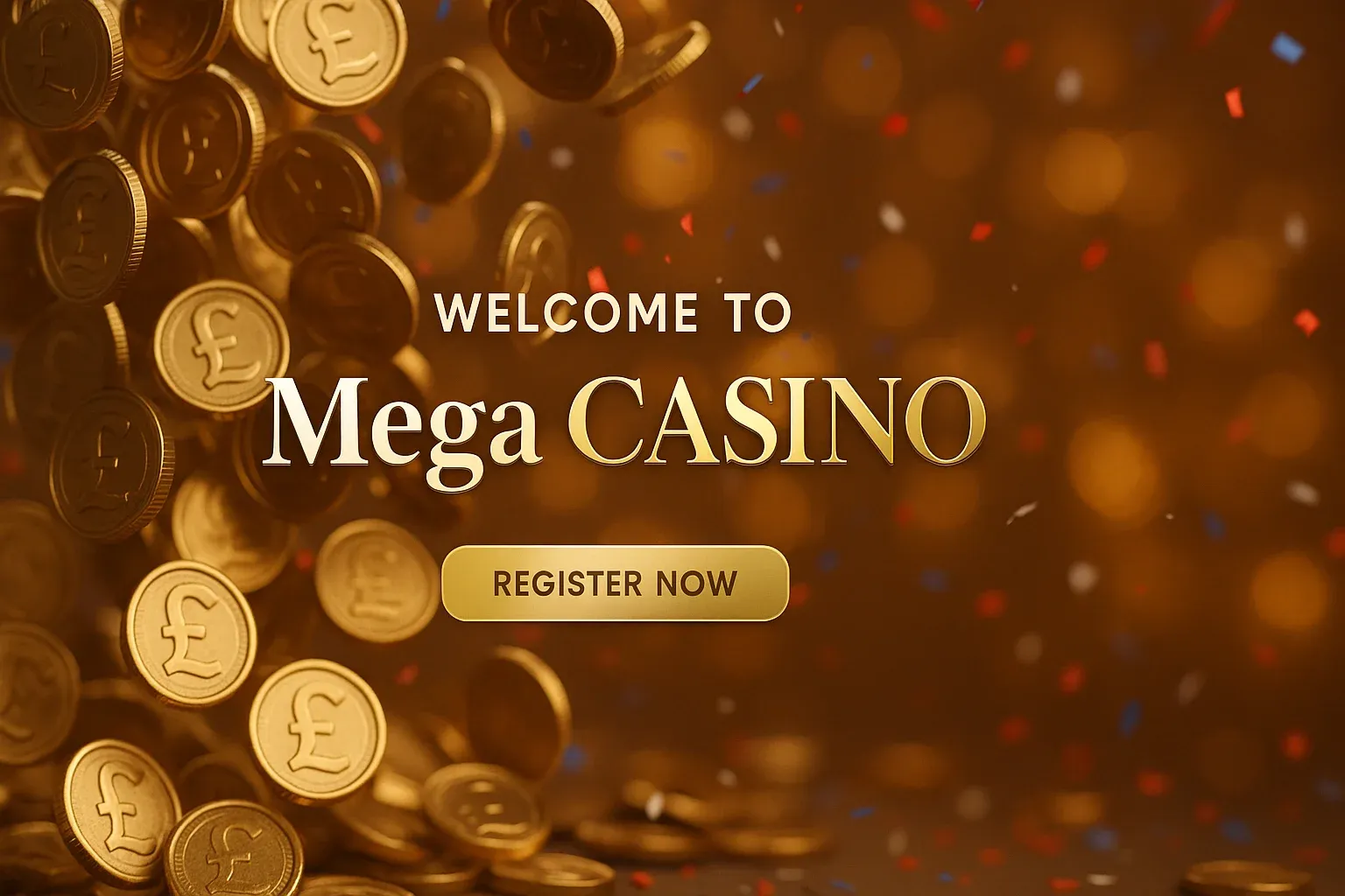 Photorealistic UK casino bonuses banner with gold pound coins and confetti