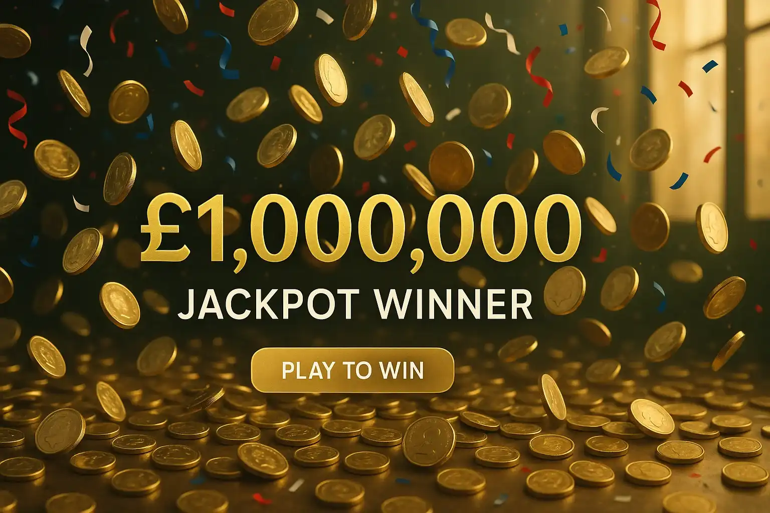 Photorealistic casino banner with gold pound coins, confetti and £1,000,000 jackpot text