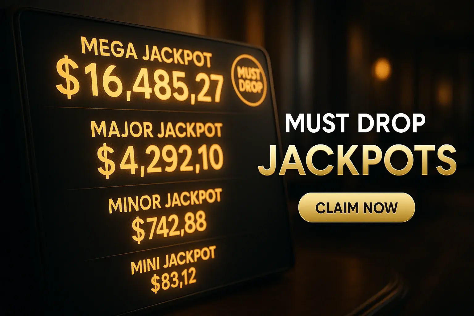 Photorealistic premium casino banner with glowing jackpot ticker and Must Drop badge
