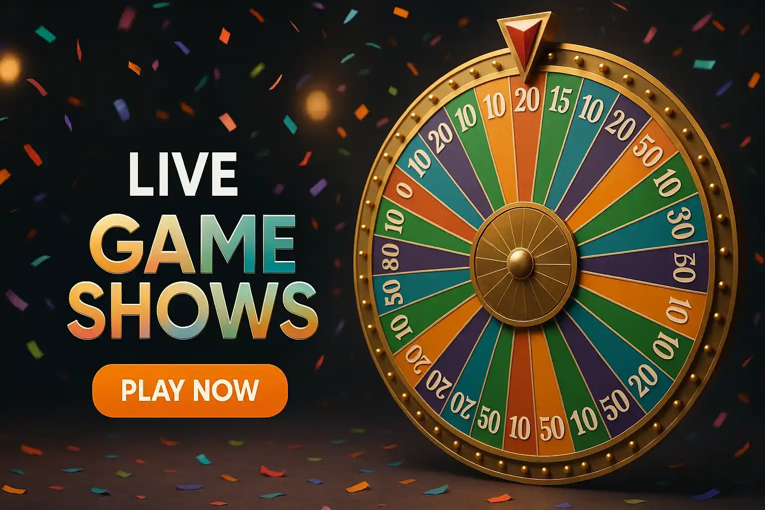 Photorealistic live casino banner with spinning game-show wheel and play now button