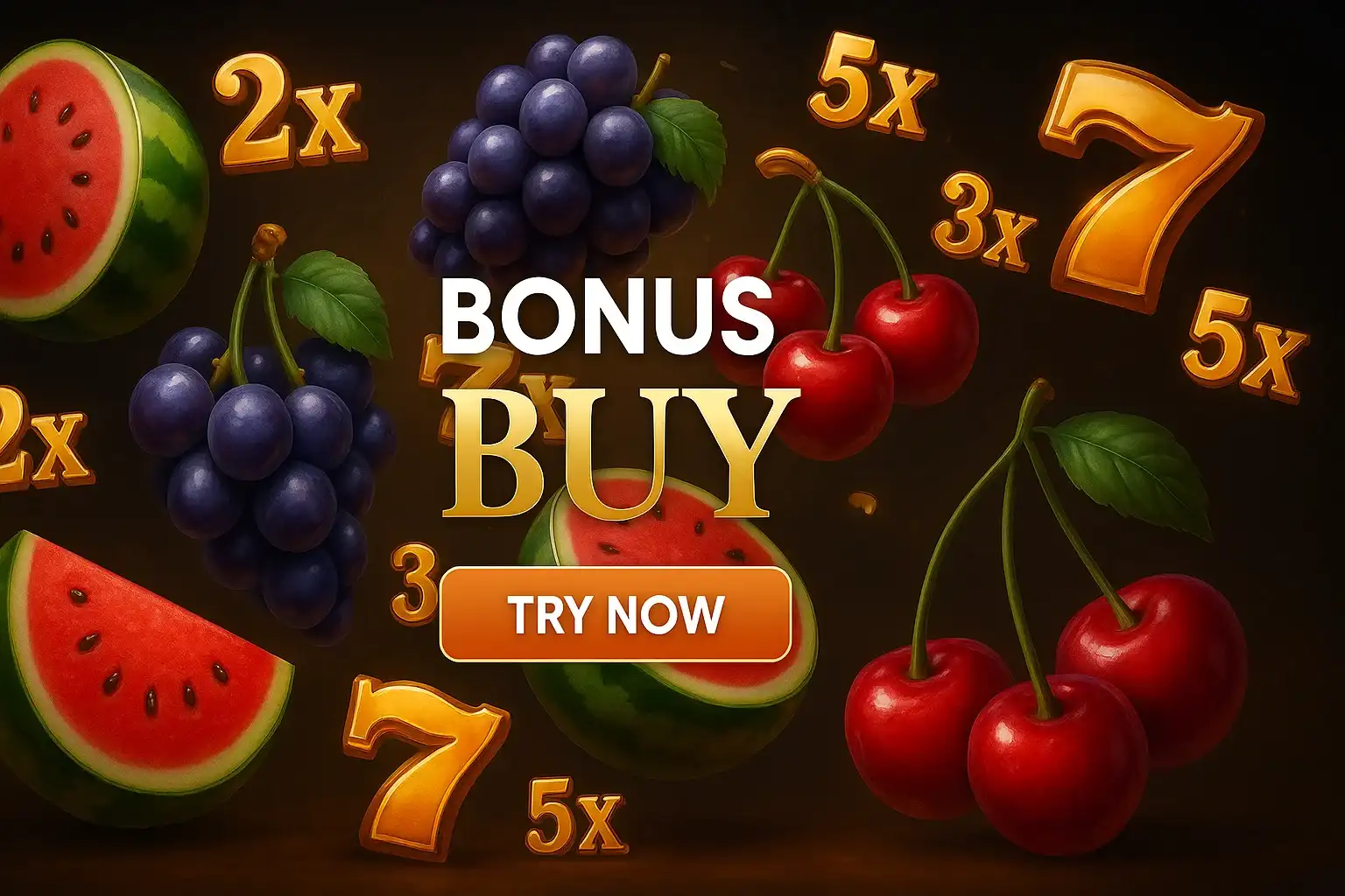 Photorealistic casino slots banner with fruity symbols, gold multipliers and bonus buy text