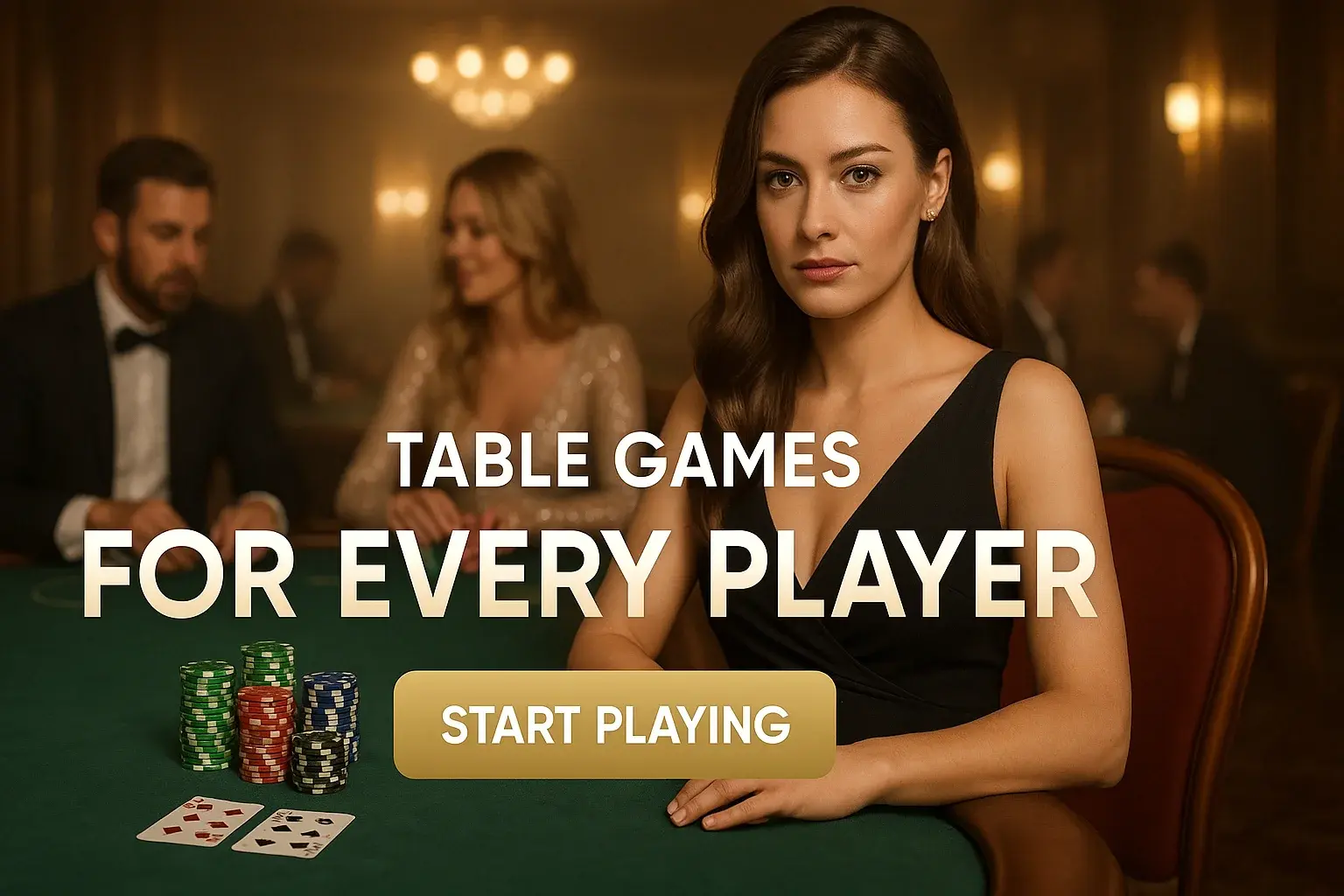 Photorealistic casino banner with British woman playing poker and table games text